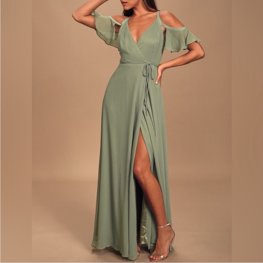 Lulus Sage Green Wrap Maxi Dress Ruffle Sleeves NWT Formal